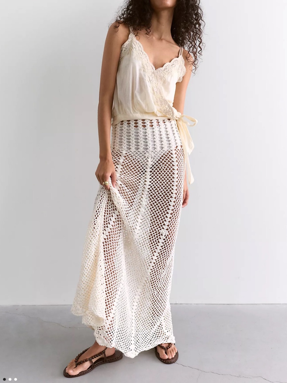 Free People Akoia Pelita Open Knit Mesh Fishnet Crochet Coverup Maxi Skirt L